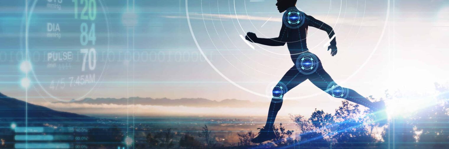 Hologram, running and athlete outdoor, health and wellness for exercise, healthy lifestyle or track heart rate. Male, sports or runner with digital sports, motivation for marathon or fitness training