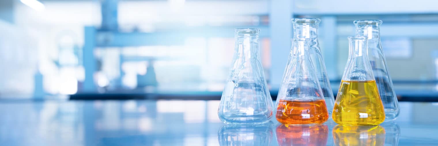 chemicals in glass bottles