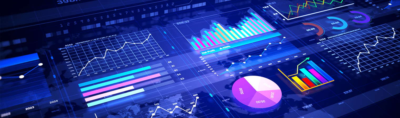 A digital dashboard displays various financial graphs and charts, including bar graphs, line charts, and pie charts, on a blue-toned background—ideal for Business Performance Improvement Consulting insights.