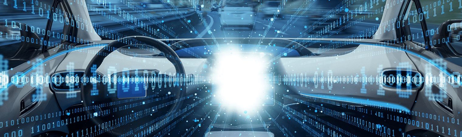 View from inside a car with digital binary code overlays, symbolizing advanced automotive technology or the future of the automotive industry.