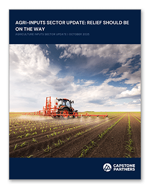 A red tractor sprays crops in a field under a partly cloudy sky, representing the agri-inputs sector. Cover text reads, "AGRI-INPUTS SECTOR UPDATE: RELIEF SHOULD BE ON THE WAY." Capstone Partners logo appears at the bottom.