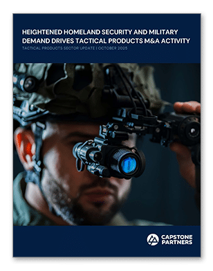 Cover of a report featuring a man in military gear using night vision goggles, with the title about security and tactical product M&A activity by Capstone Partners.