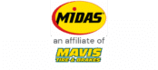 Midas logo above text reading "an affiliate of Mavis Tire & Brakes" with the Mavis logo below.
